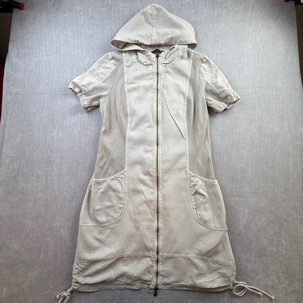 Wearables by Lotus Linen Blend Hooded Full Zip Dress Short Sleeve Beige Medium